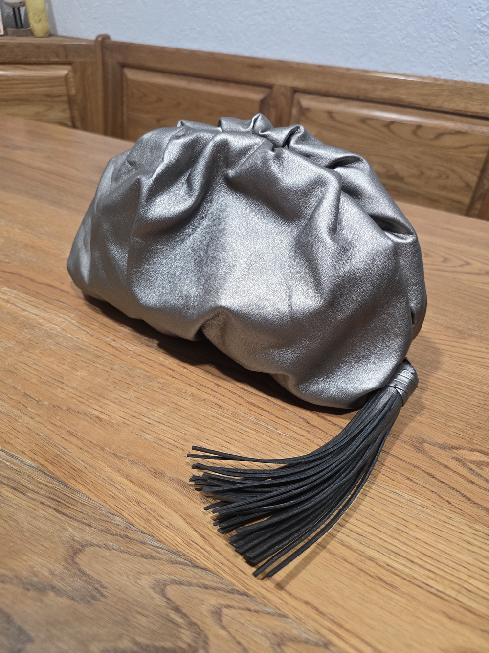 Rebecca Minkoff Metallic Silver Ruched Clutch with Tassel